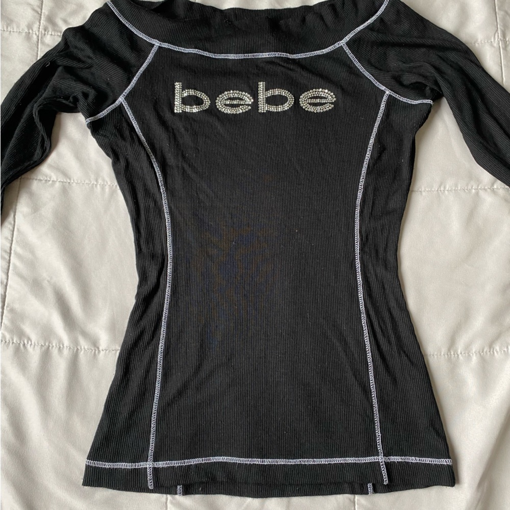 Bebe long sleeve off shoulder crystals black and white shirt Medium